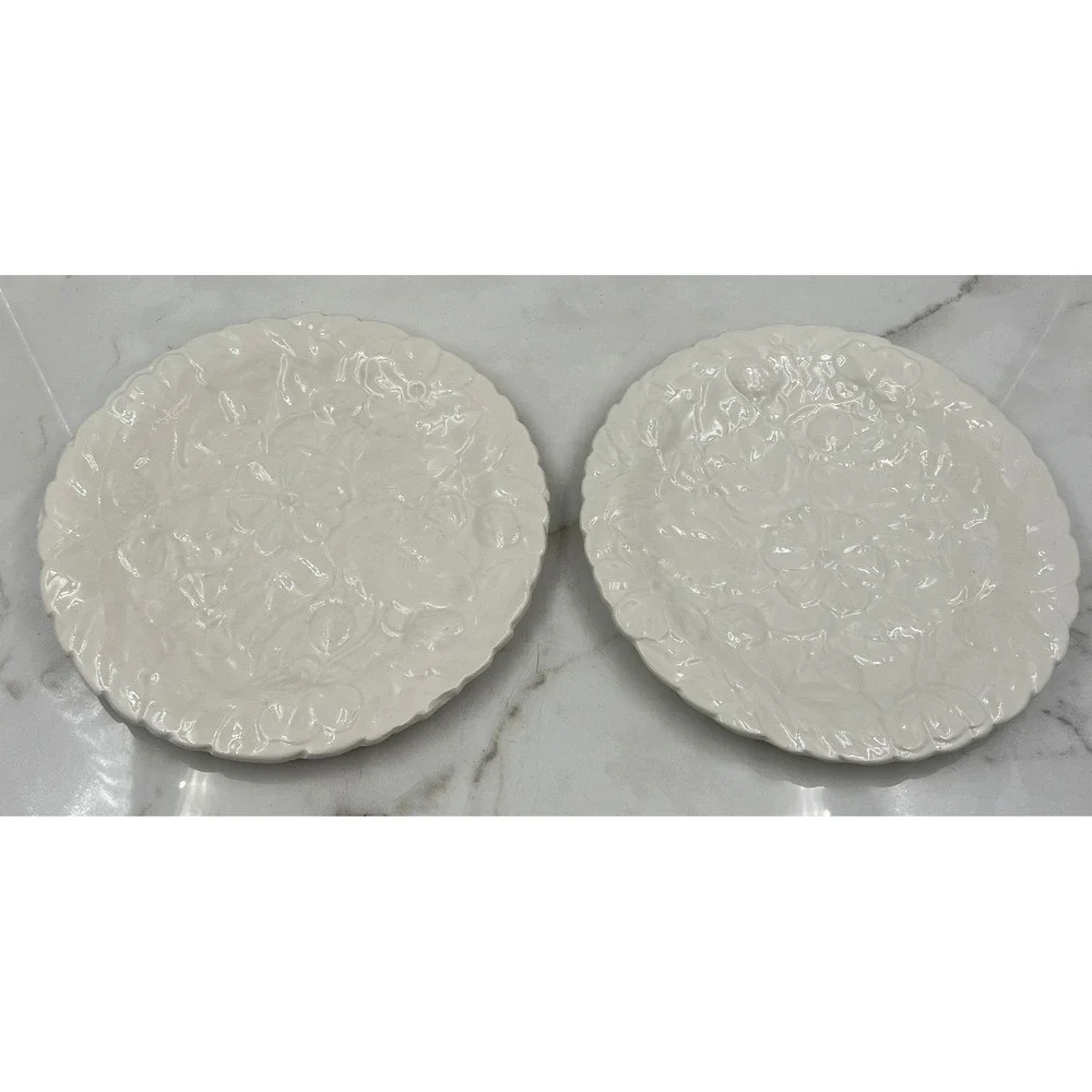 Vintage P-V France White Strawberry Floral Embossed Plates Set of 2 Scalloped 8